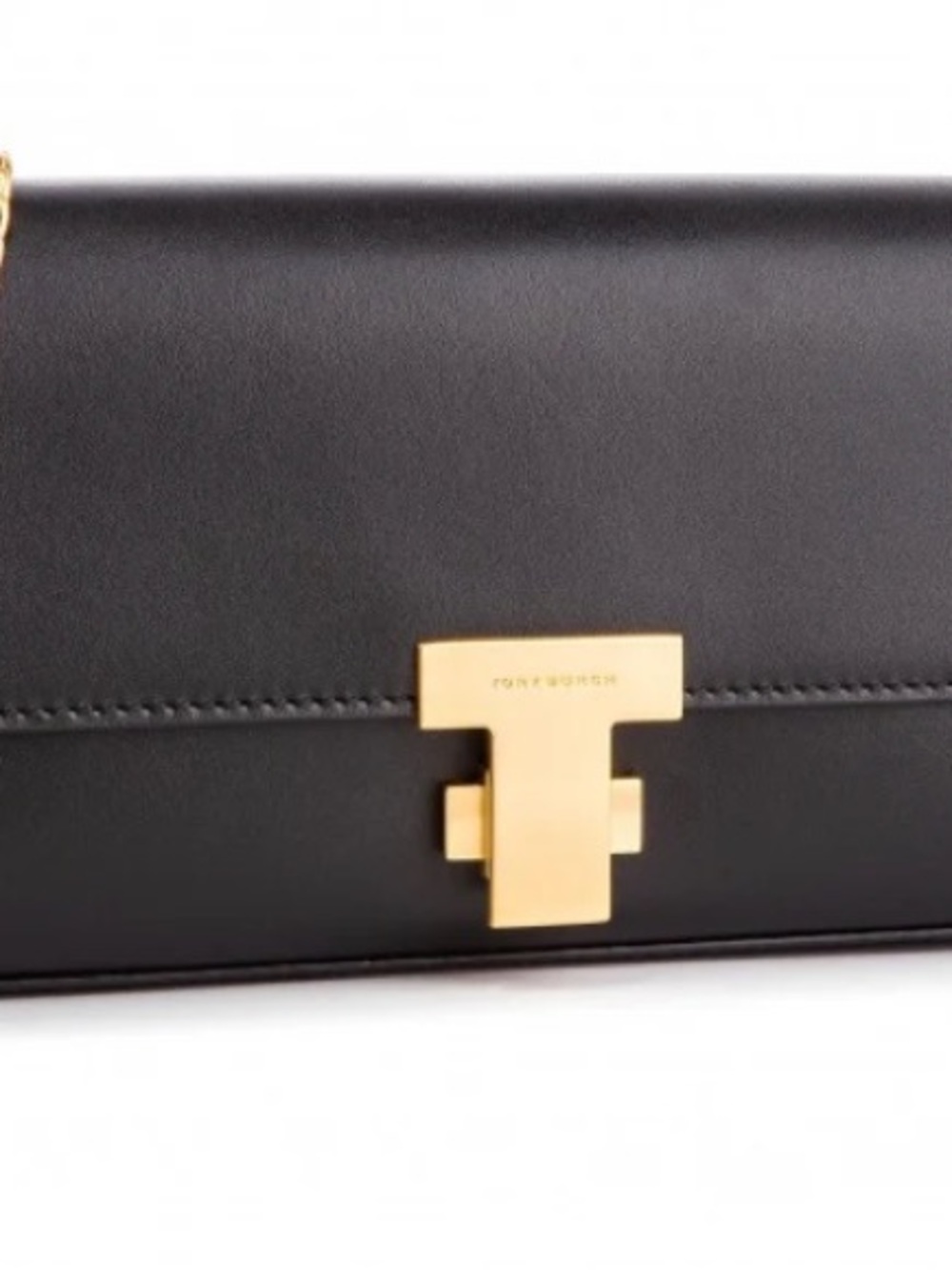Tory Burch Black Juliette Leather Clutch with Gold T‑Lock